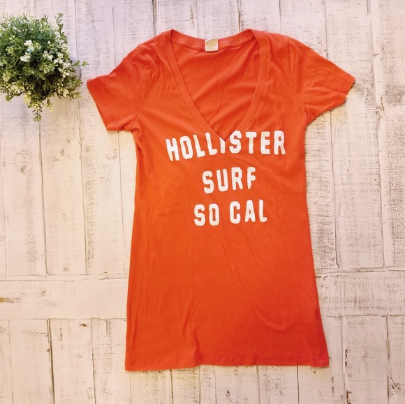 Hollister Tops - Hollister V Neck Orange Short Sleeve Graphic Print